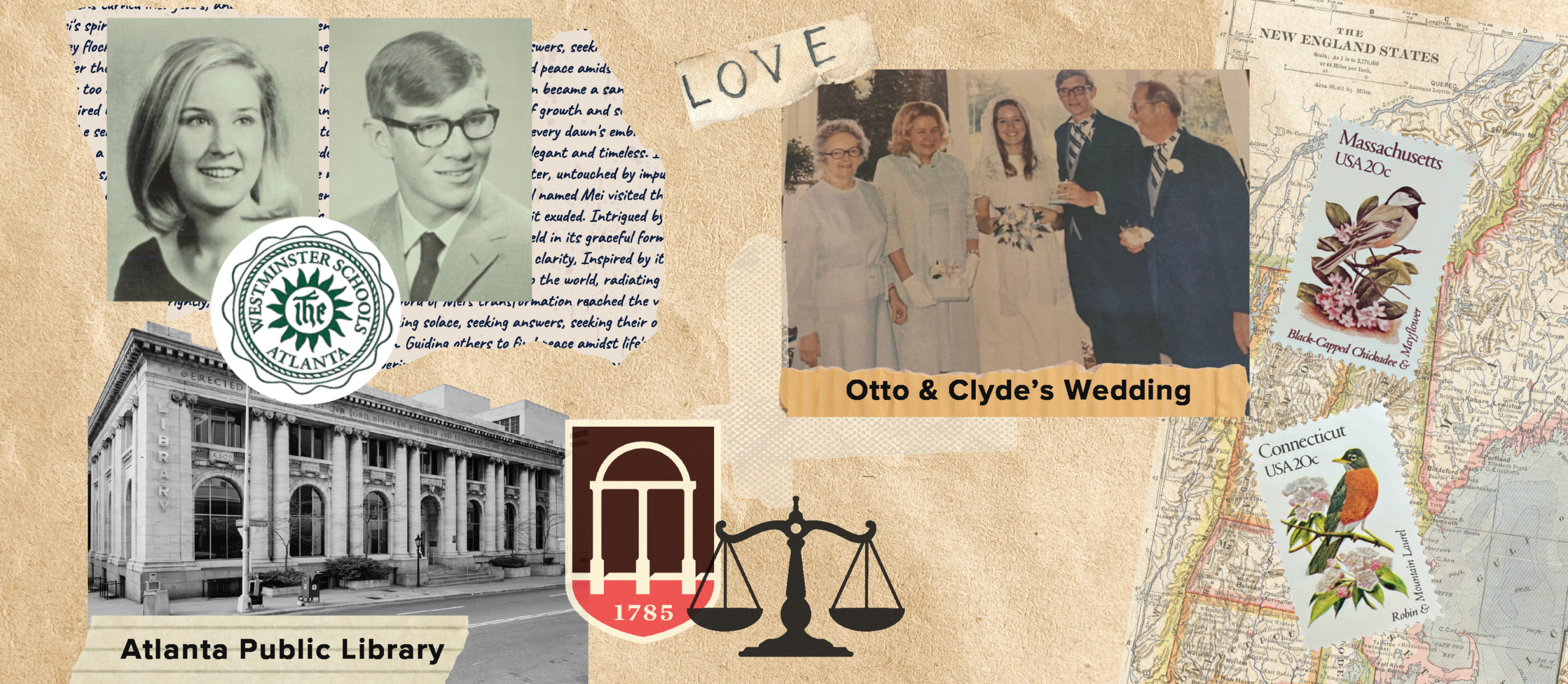 A collage features vintage photos including graduation portraits, a wedding labeled 