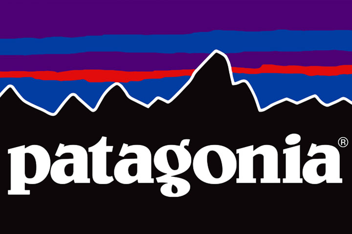 Patagonia logo with stylized black mountain silhouette, layered stripes in purple, blue, and red above, and 