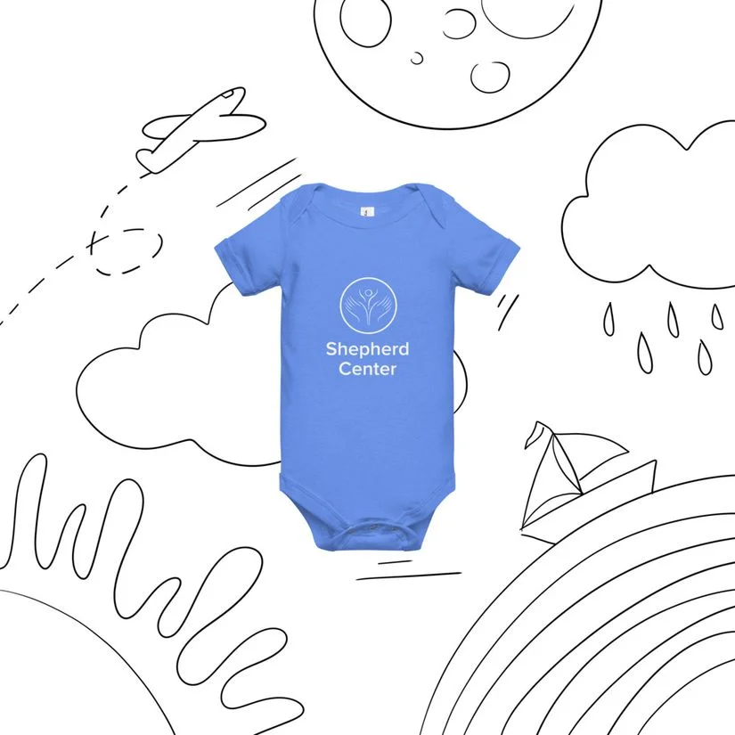 A blue baby onesie with 