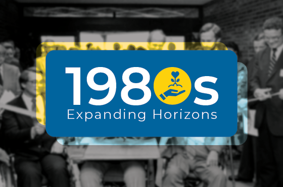 A logo with "1980s Expanding Horizons" overlays a blurred black-and-white photo of people in suits. A plant icon replaces the "0" in "1980s," symbolizing growth.
