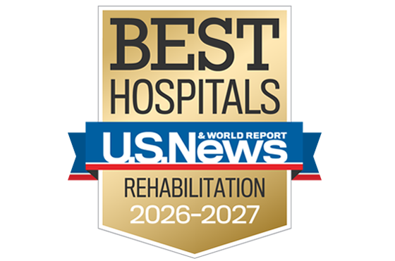Gold badge that reads: “Best Hospitals, U.S. News & World Report, Rehabilitation, 2026-2027.”.